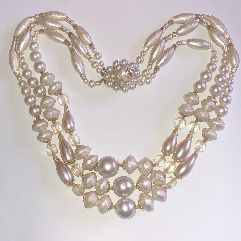 Vintage White Off White Beaded Multi Strand Boho Necklace